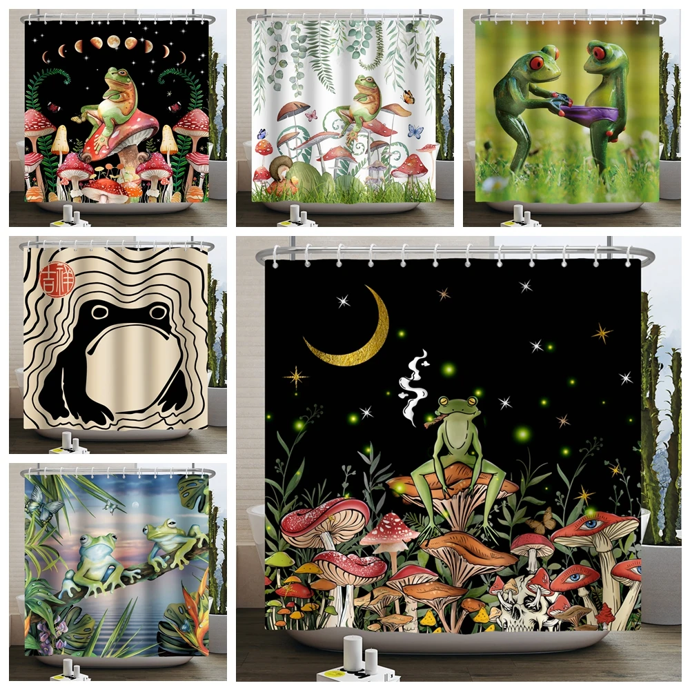 Funny Frog Shower Curtain for Bathroom Mushroom Butterfly Floral Green Plant Cartoon Animal Waterproof Polyester Shower Curtain