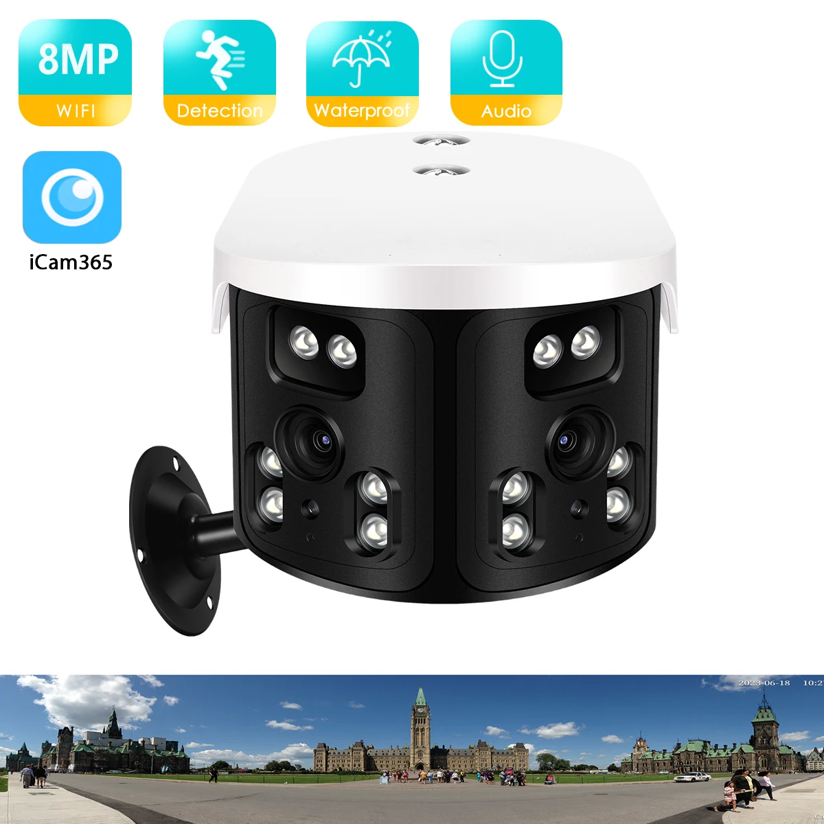 4K 8MP WIFI Dual Lens Panoramic Fixed Camera 180° Wide Viewing Angle Outdoor IP Camera 4K 8MP AI Human Security Camera icam365