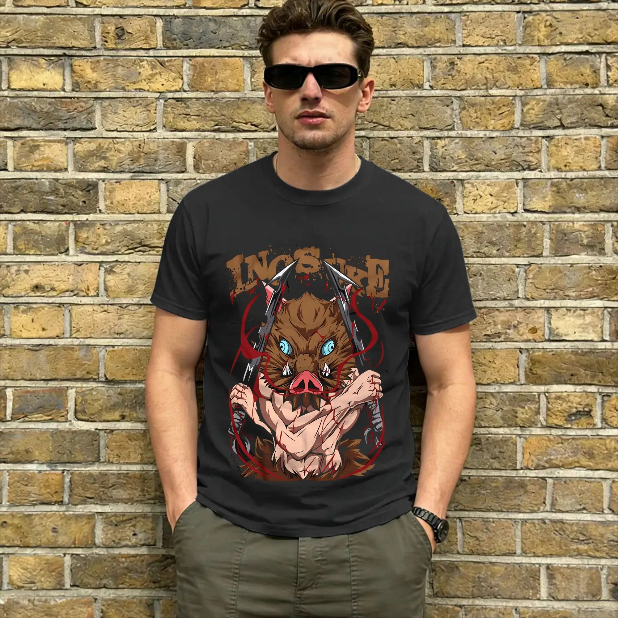 Inosuke Cotton T-Shirt For Men Summer Demon Slayered Streetwear T Shirts O Neck Harajuku Tees Big Size Pattern Clothes