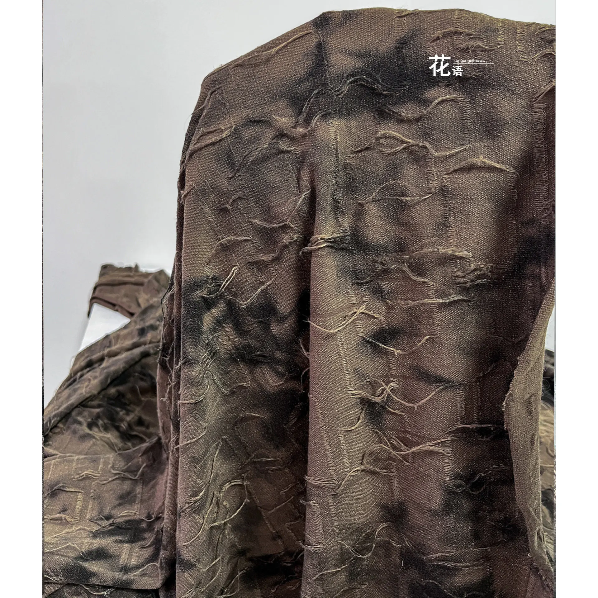 Brown Yarn Knit Jacquard Designer Fabric Ink Splatter Texture Distressed Fringe for Handmade Garments and Fashion Design