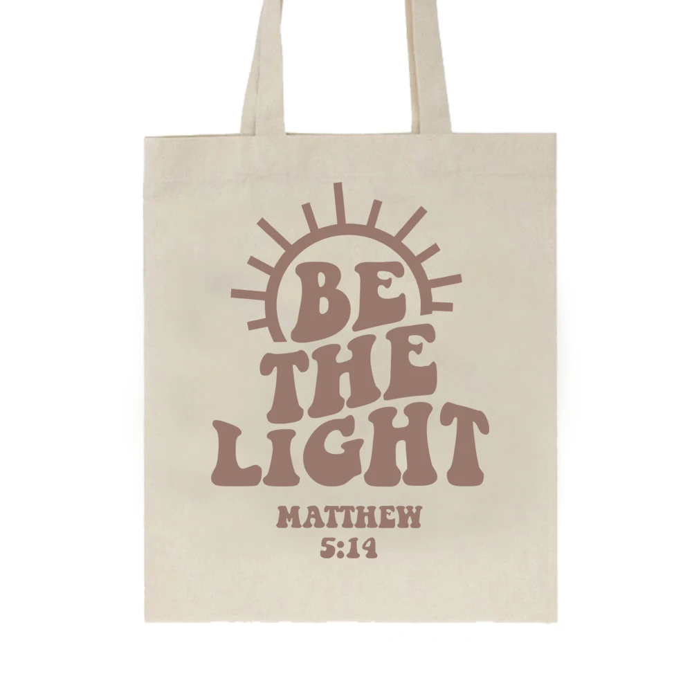 Vintage BeThe Light Tote Bag Funny Letter Printed Bible Verse Scripture Jesus Religion Women's Eco Friendly Canvas Tote Bags