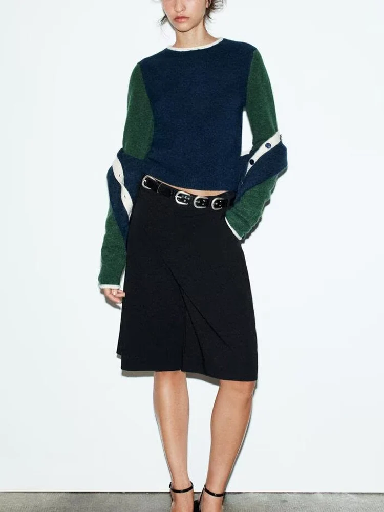 

European and American style autumn new women's fashion lazy style contrast color round neck long sleeve knitted sweater