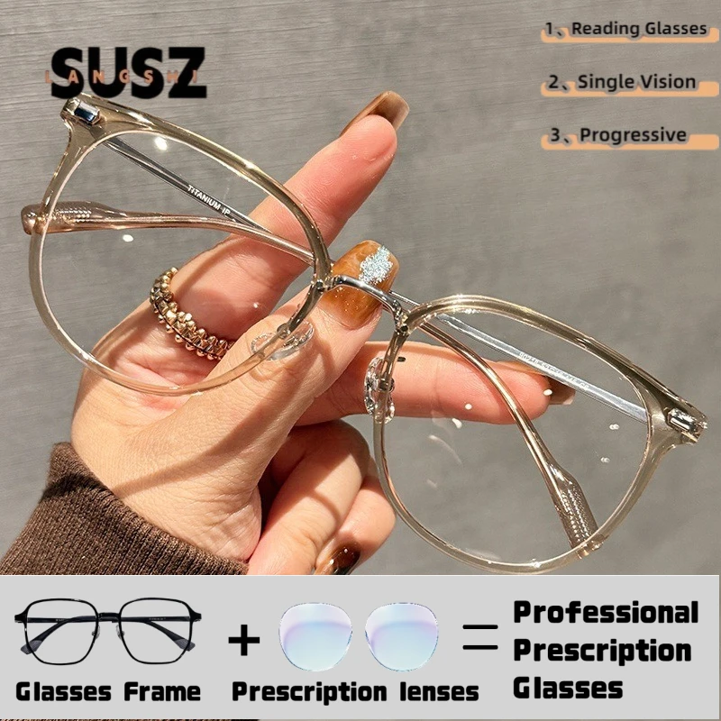 LS-SUSZ Titanium Women Anti Blue Ray Reading Ultralight Eyeware Trendy Classic Polygonal Myopia Prescription Computer Glasses