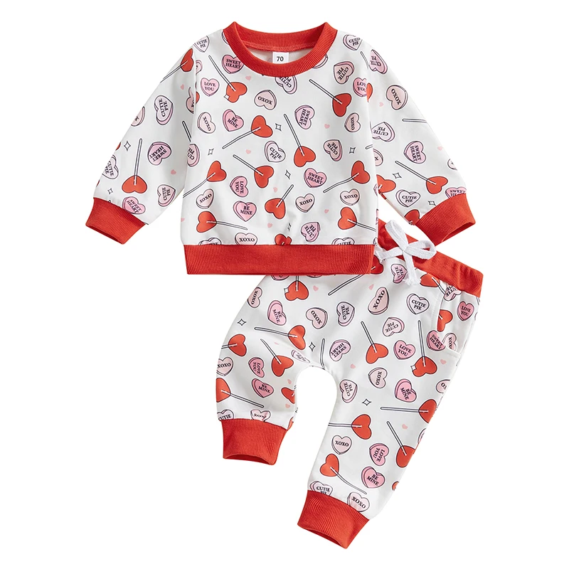 Baby Girl 2Pcs Valentine’s Day Outfits Long Sleeve Heart Lollipop Print Sweatshirt and Pants Set Spring Clothes