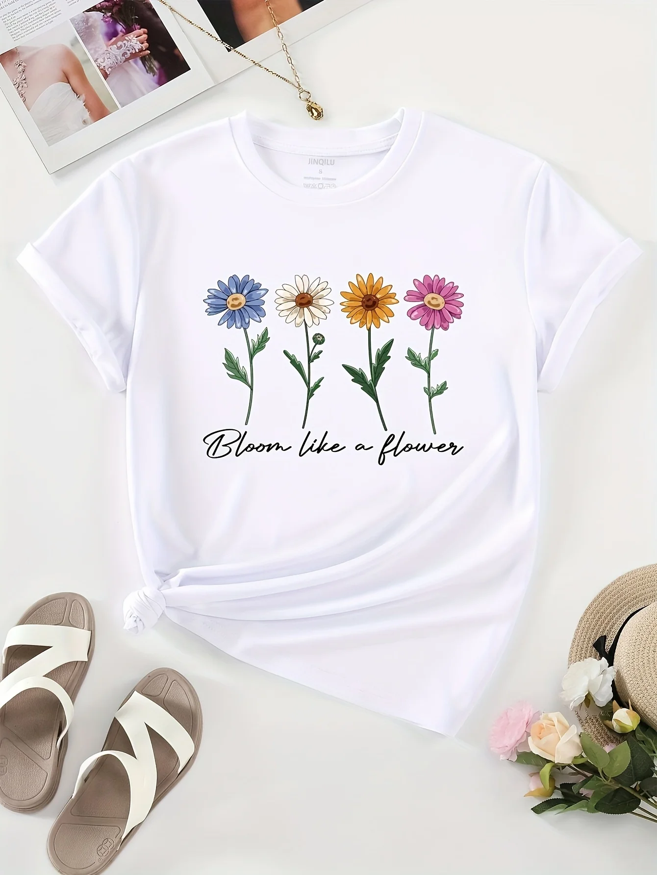 Cute Daisy Floral Women T Shirt Bloom Like A Flower Letter Graphic Print Short Sleeve Casual Daily Versatile Streetwear Tops