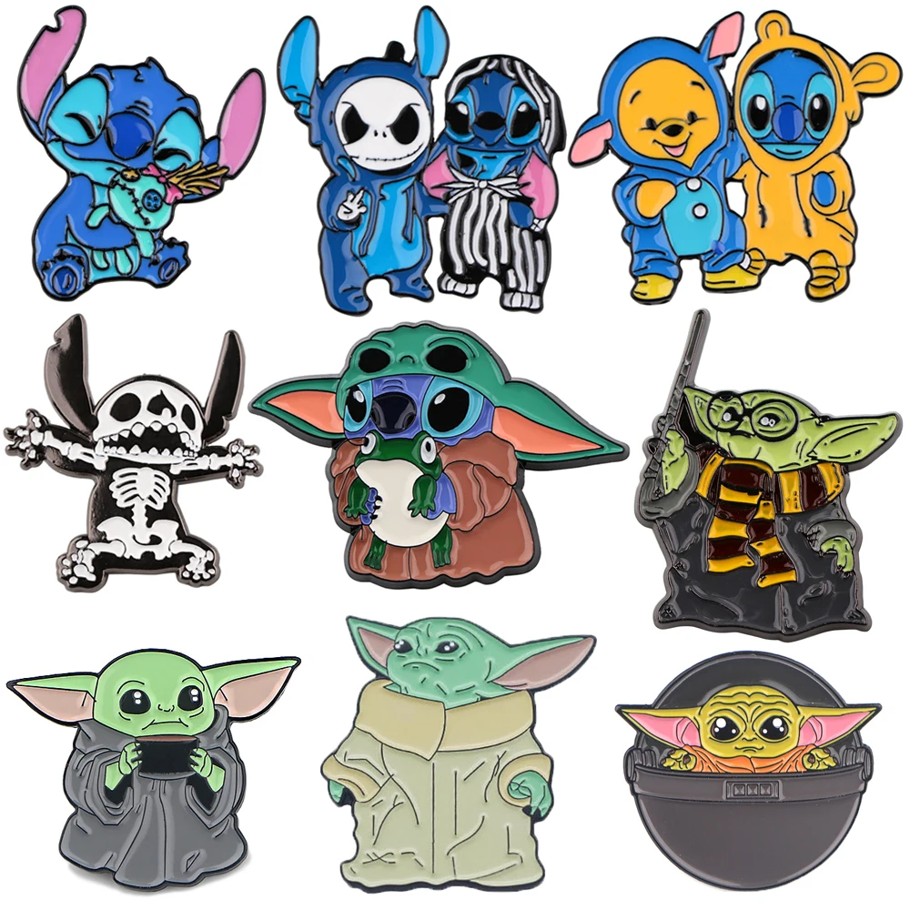 YQ918 Stitch Enamel Pins Pooh Bear Brooch Yoda Pins for Bags Coat Lapel Pin Cartoon Movies Icons Badge Collection Jewelry Gifts