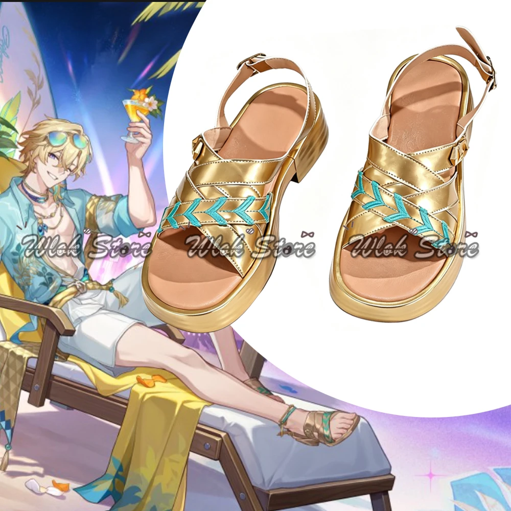 Game Honkai Star Rail Aventurine SP Cosplay Shoes Vintage Gold Open Toe Beach Summer Roman Sandals For Men Women Halloween Party
