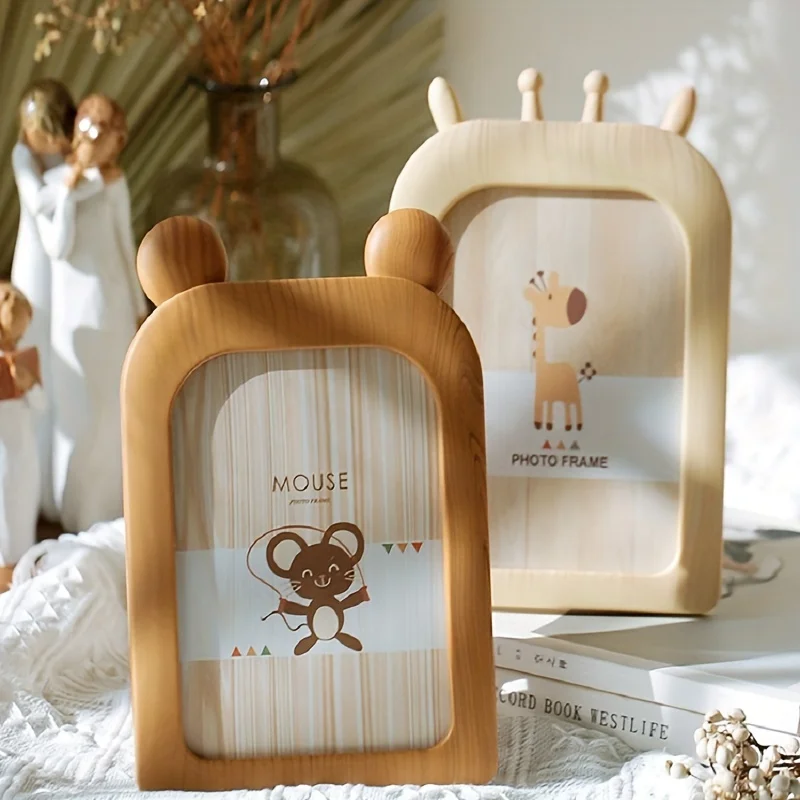 1pc Cartoon Instagram Style Plastic Photo Frame, Desktop Ornament Can Be Hung on the Wall, Imitation Wood Grain Photo Frame