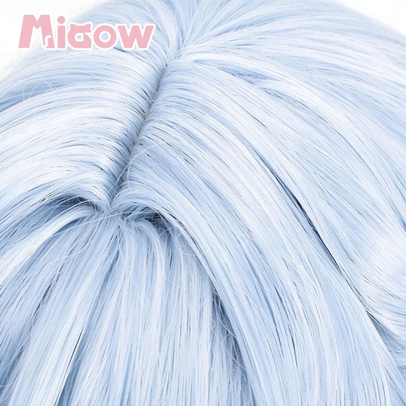 Genshin Impact Odette Cosplay Wig, Light Blue Gradient White Braided Bun Updo Heat Resistant Synthetic Wig 5