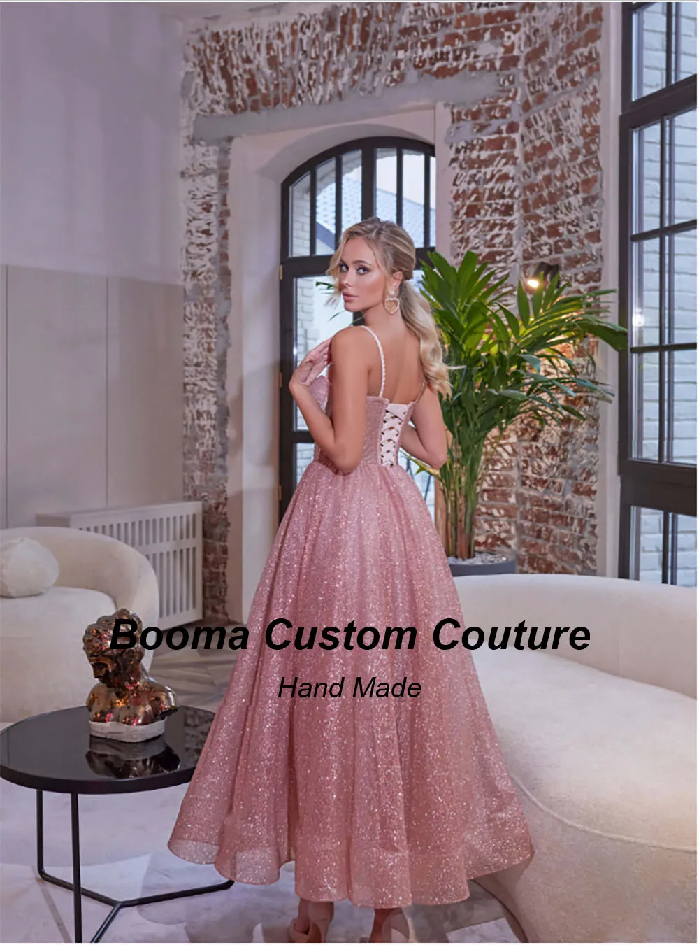 Booma Shiny Pink A Line Evening Dresses Sweetheart Boning Corset Prom Gowns Anke Length Gillter Formal Occasion Dresses Women