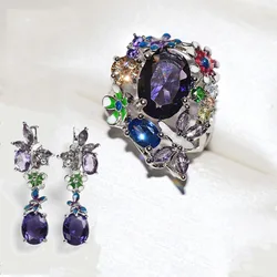 BAOSHINA Luxury Purple Flower Zircon Butterfly Wedding Jewelry Set For Women Grils Earrings Ring Accessories Female Jewelry