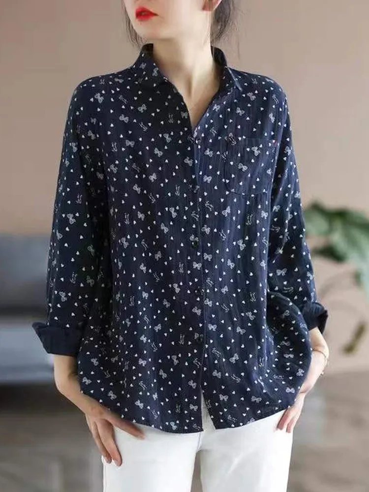 Women Long Sleeve Cotton Shirts New 2022 Autumn Simple Style Vintage Print All-match Loose Female Casual Tops Shirt B2137