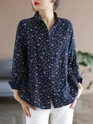 Women Long Sleeve Cotton Shirts New 2022 Autumn Simple Style Vintage Print All-match Loose Female Casual Tops Shirt B2137