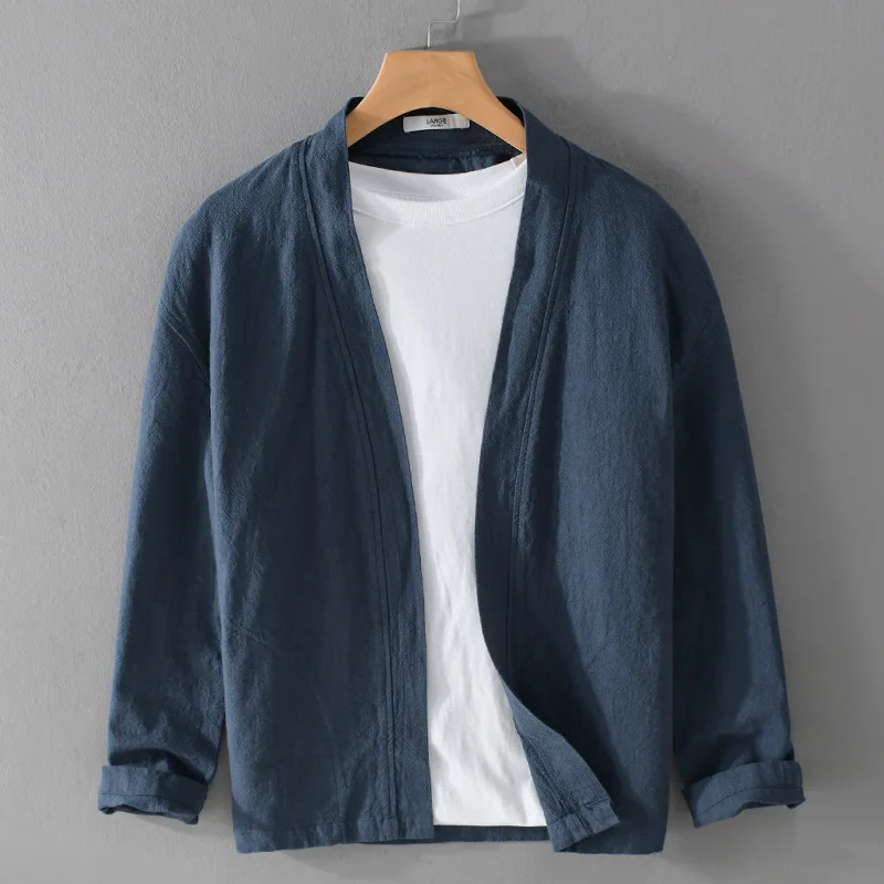 

60% Ramie 40% Cotton High-quality Long-sleeve Jacket, Casual Everyday Cloak Jacket, Men's V-neck Buttonless Shirt.