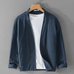 60% Ramie 40% Cotton High-quality Long-sleeve Jacket, Casual Everyday Cloak Jacket, Men's V-neck Buttonless Shirt.