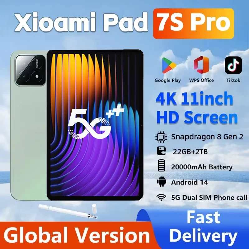 2025 Orijinal Küresel Sürüm Tablet Android 14 Pad 7 S Pro Snapdragon Tablet PC 22 GB + 1024 GB 5G Çift SIM Kart WIFI HD 4 K Tablet