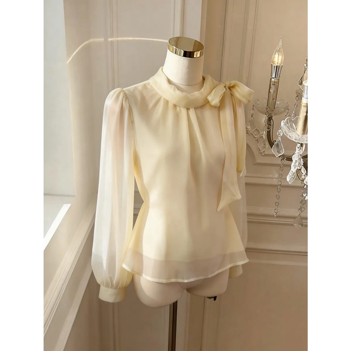 

Pure Color Long Sleeve Shirt Knot Belt Polka Dot Net Version Women's Fashion Fairy Style Layered Blouse Straight Tube