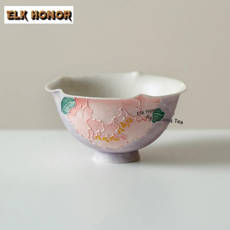 

90ml Hand-Painted Purple Smoke Peony Teacup Antique Tea Bowl Jug Tea-tasting Smelling Cup Jianzhan Master Cup Teaset Collection