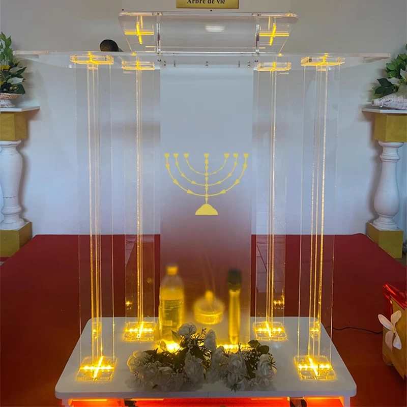 Stylish LED Acrylic Church Podium Clear Acrylicwith Rollers and Vertical Reading Platform for Church Entrance Classroom