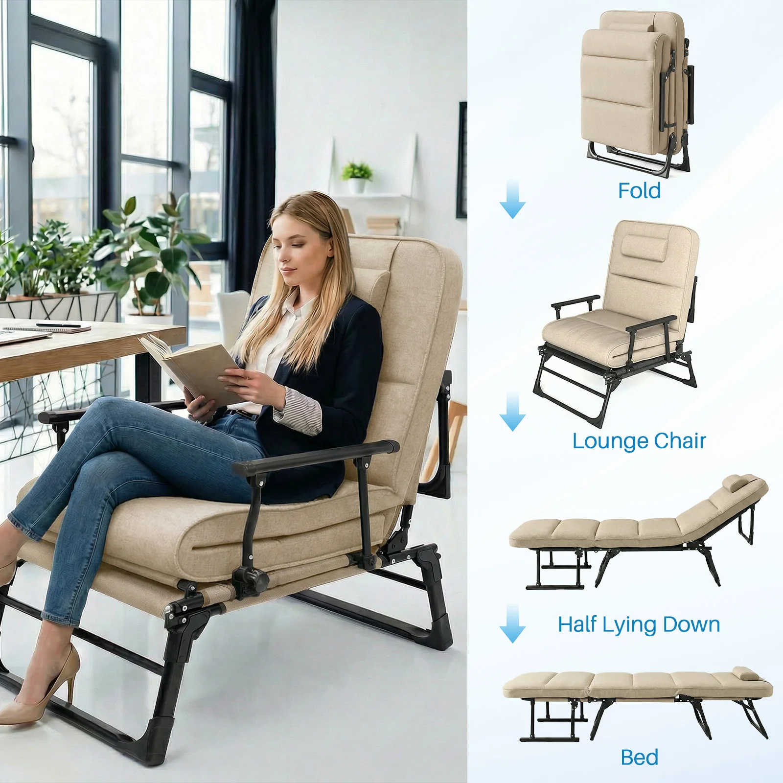 Silla Plegable Ajustable de 6 Posiciones, Cama Plegable Portátil para Acampar, Resistente, Soporta 200 kg, Cama para Dormir al Aire Libre para Patio, Balcón, Playa, Viajes, Uso para Invitados, con Cojín y Almohada
