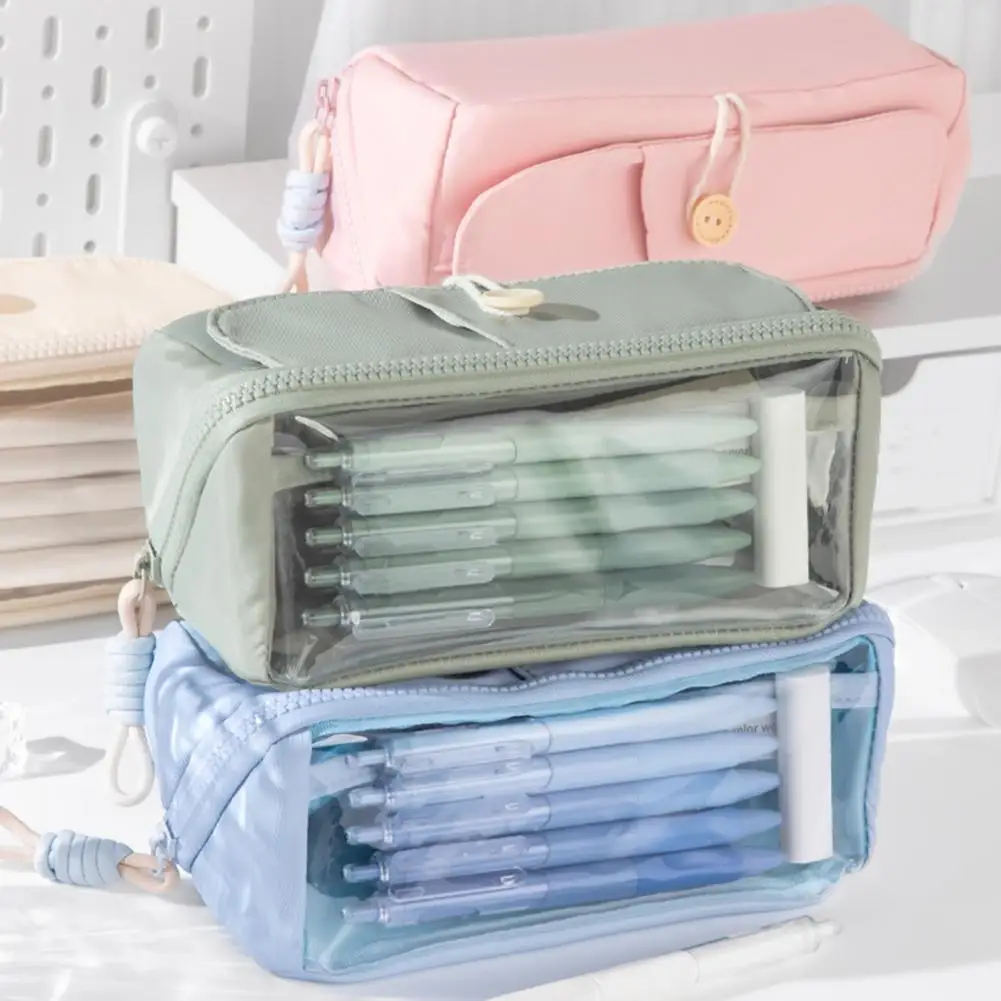 حافظة أقلام شفافة ناعمة الملمس ، متينة متعددة الاستخدامات ، 3 طبقات ، منظم قرطاسية السعة ، قلم اللوازم المدرسية