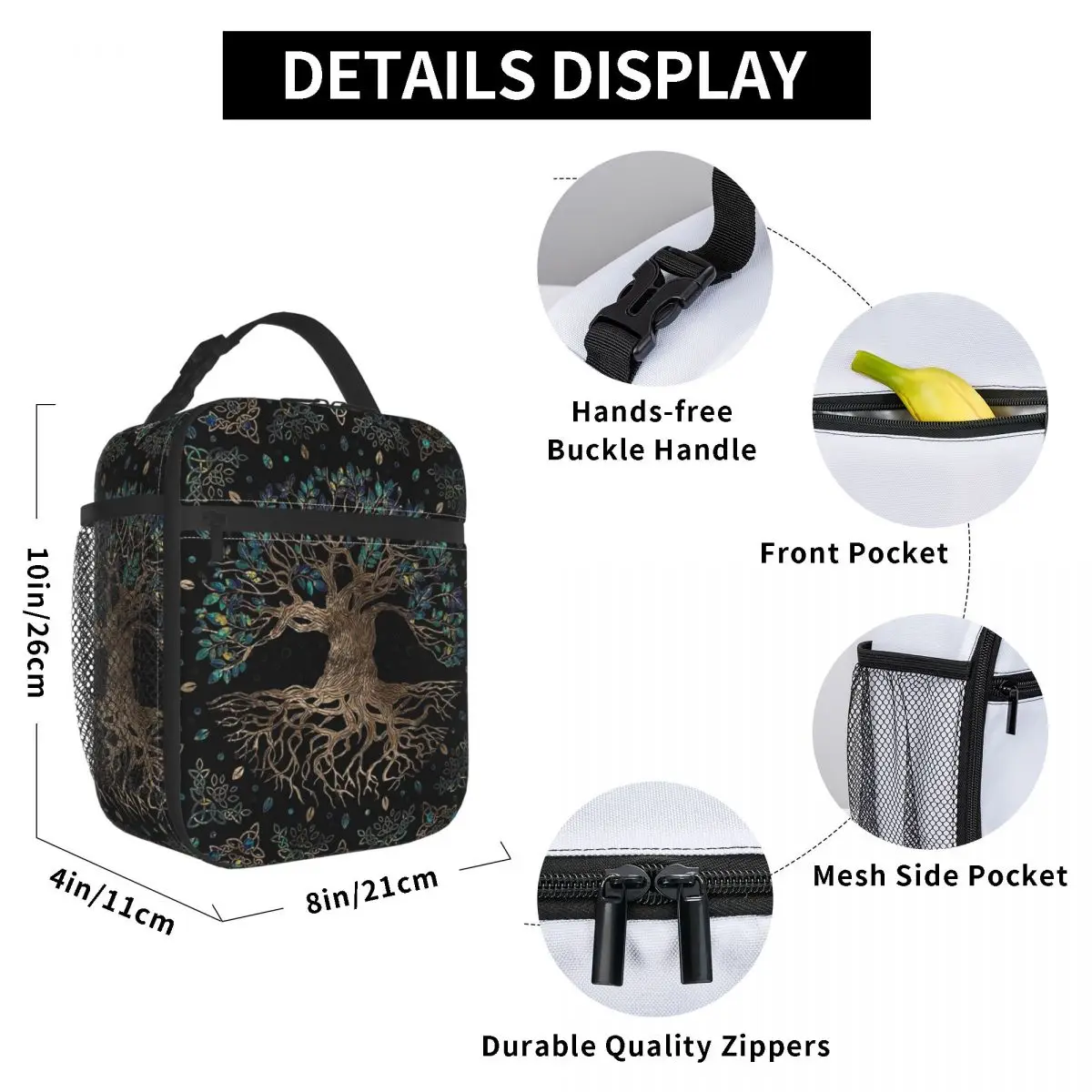 Tree Of Life -Yggdrasil Golden And Marble Ornament Insulated Lunch Bag Thermal Food Box Tote Portable Lunch Boxes Container