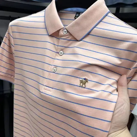 

Slim Fit ort Sve irt Men's Summer Turn Collar T-irt Embroidered Stripes Thin Sle Youthful Urban Faion Top