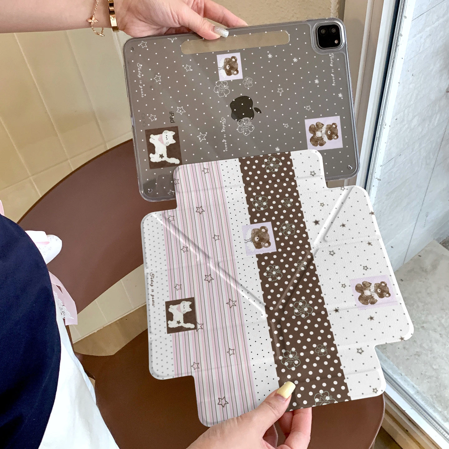 Cute Brown Bear Polka Dot Tablet Case For iPad Pro 11 12.9 13 A16 M2 M4 M3 M5 Shell 10.2 5/6/7/8/9/10/11th Mini Air 3 4 5 Cover