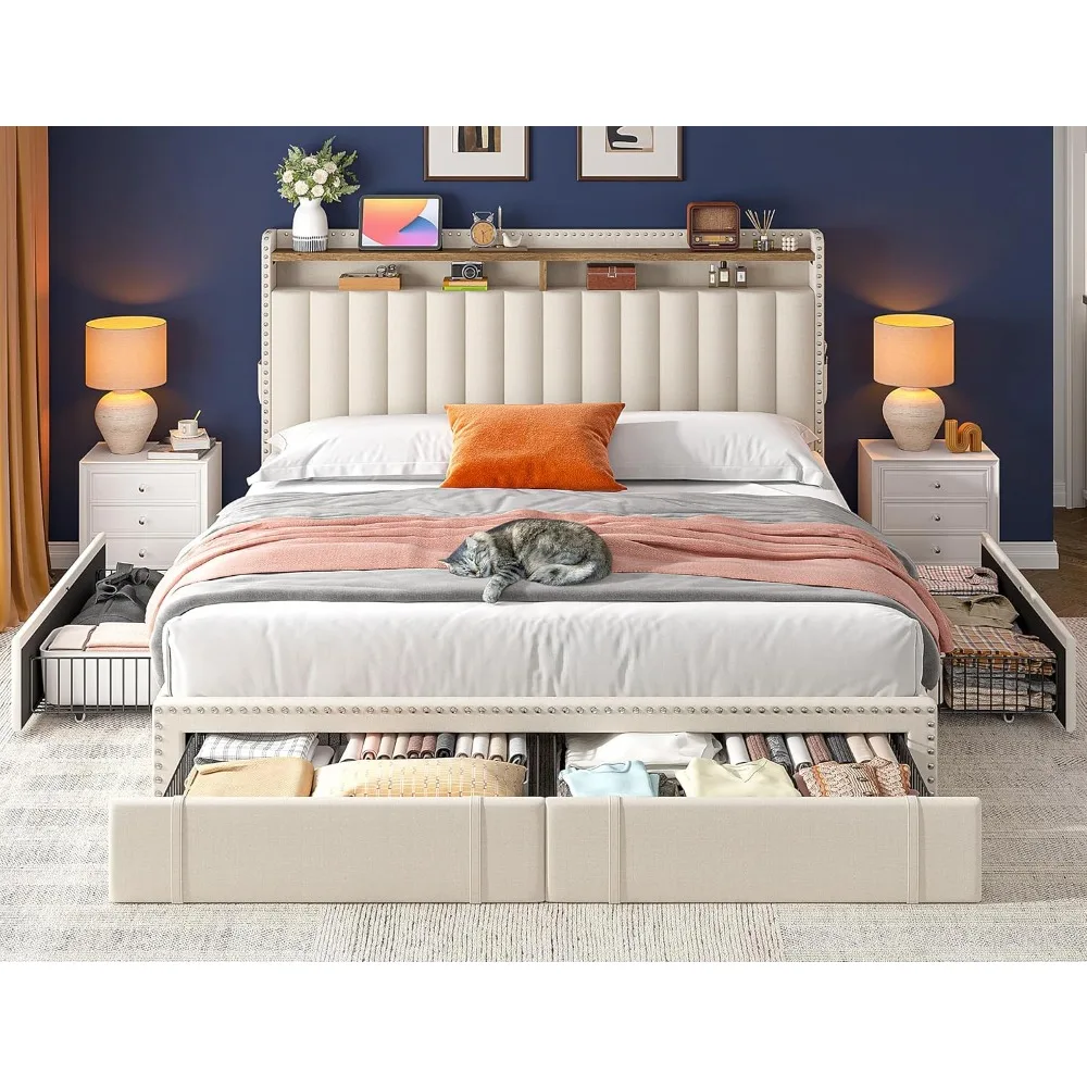 Cadre de lit King Size avec tiroirs de rangement, tête de lit rembourrée, étagères à 2 niveaux, supporte jusqu'à 1200 lb