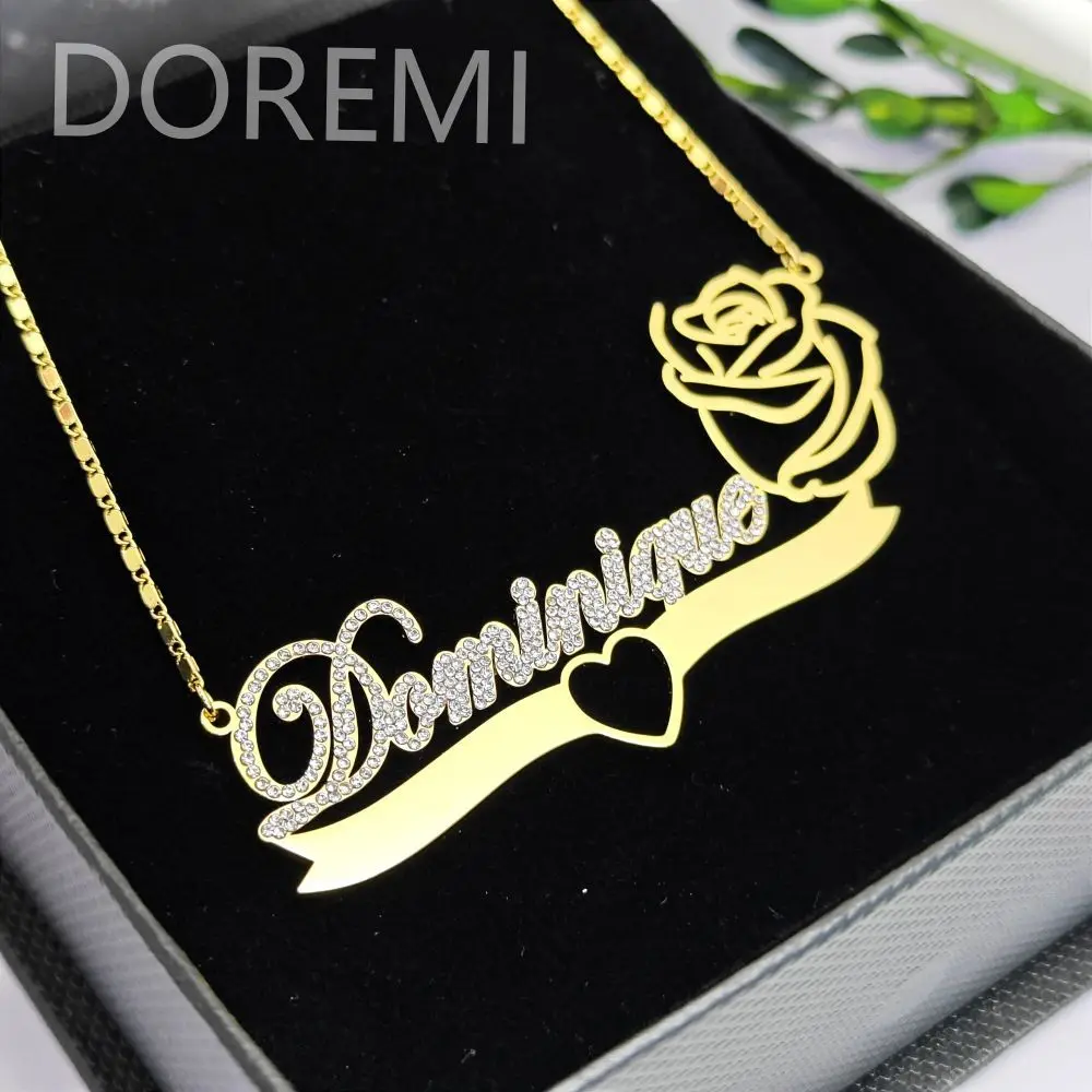 

DOREMI Stainless Steel Personalized Gift Jewelry Crystal White Cz Name Zircon Rose Flower Necklace Women Gift Jewelry