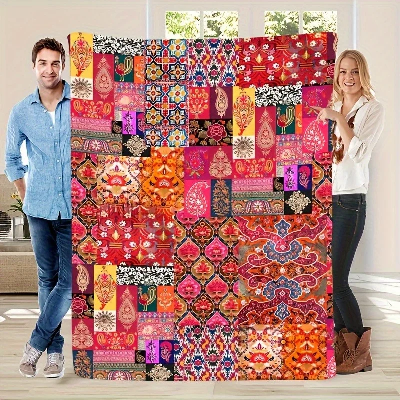 Imitation Quilt Multicolor Floral Block Sofa Lounge Cover Throw Blanket for Bedroom Leisure Bright Mixed‑Pattern Home Decor