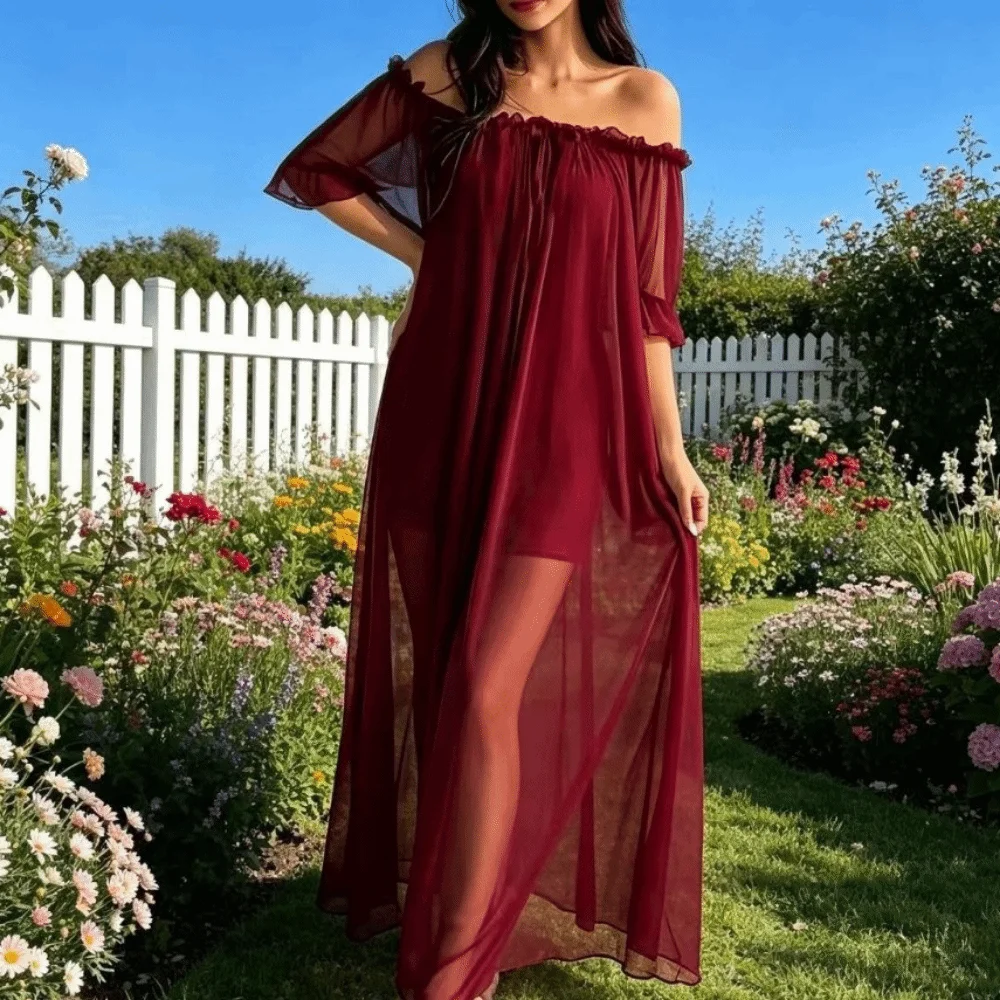 Elegant Off Shoulder Sheer Nightgown Ruffle V-neck Mesh Nightdress Short Sleeve Transparent Long Sleeping Dress Summer Wear