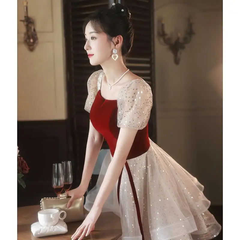 Summer Bride Short Sleeve Wedding Dresses Toast Clothing Women Sequined A Line Prom Gown