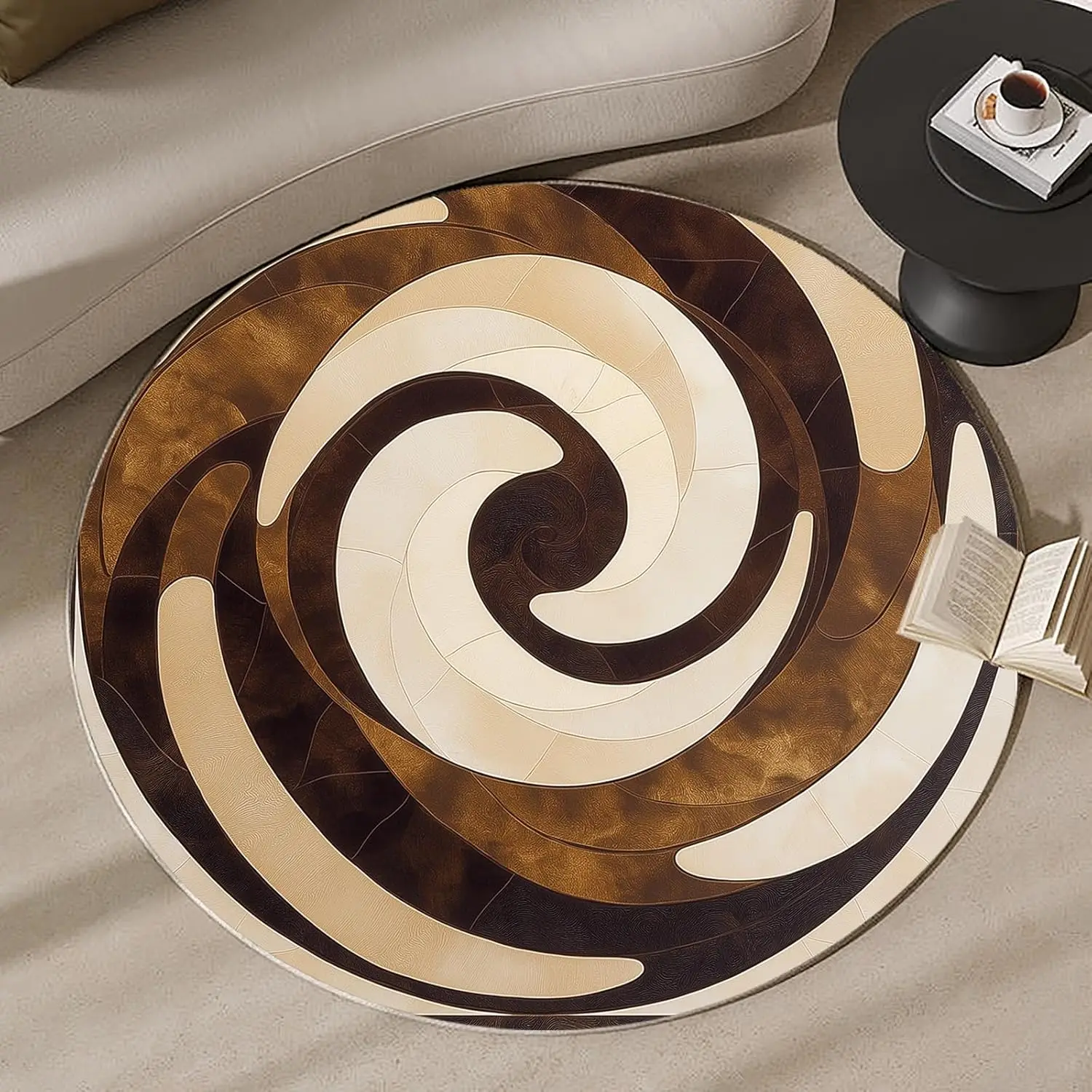 3D Spiral Vortex Round Rug Hypnotic Geometric Area Carpet Brown Beige Patchwork Print Abstract Living Room Bedroom Floor Base