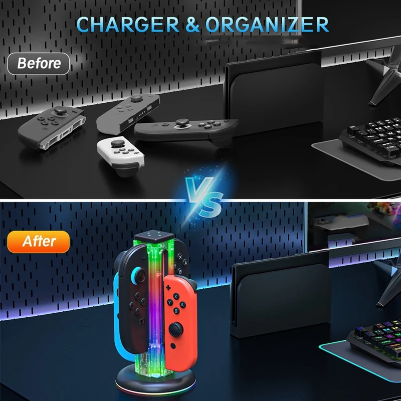 Universal 4 in 1 Charging Dock -NS2318 for Switch/Switch 2 with 5 LED Dazzling Lights and Fingerprint Touch Function-ABVP