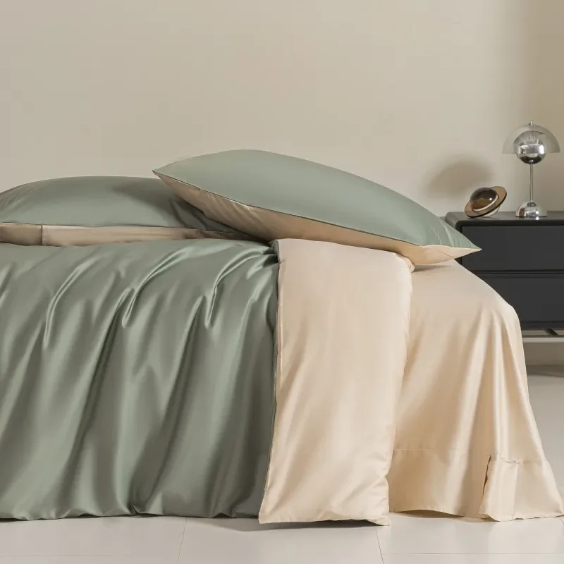 Class A 120 satin long-staple cotton solid color four-piece set cotton pure cotton silky slippery nude bed sheet quilt cover