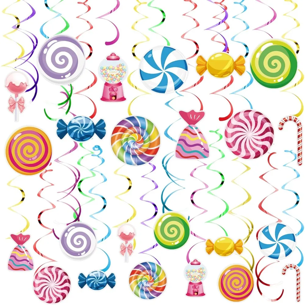 

54 Candyland Party Decorations: Candy Hanging Swirl, Colorful Lollipop Hanging, Swirl Charm