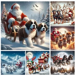 Snowy Dog Sledding Santa Claus Moon View Diamond Art Painting Cross Stitch Kit 5D Full Diamond Mosaic Embroidery Christmas Gift