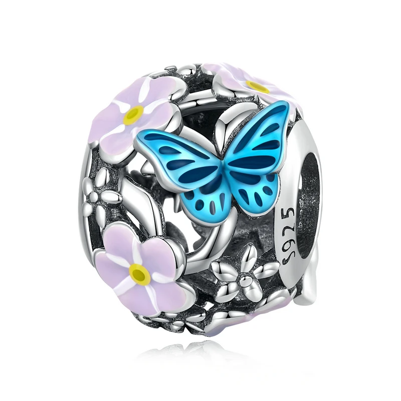 WOSTU 925 Sterling Silber Vintage Schmetterling Charms Garten Anhänger Blau Blume Perle Fit Original Armband DIY Schmuck Machen