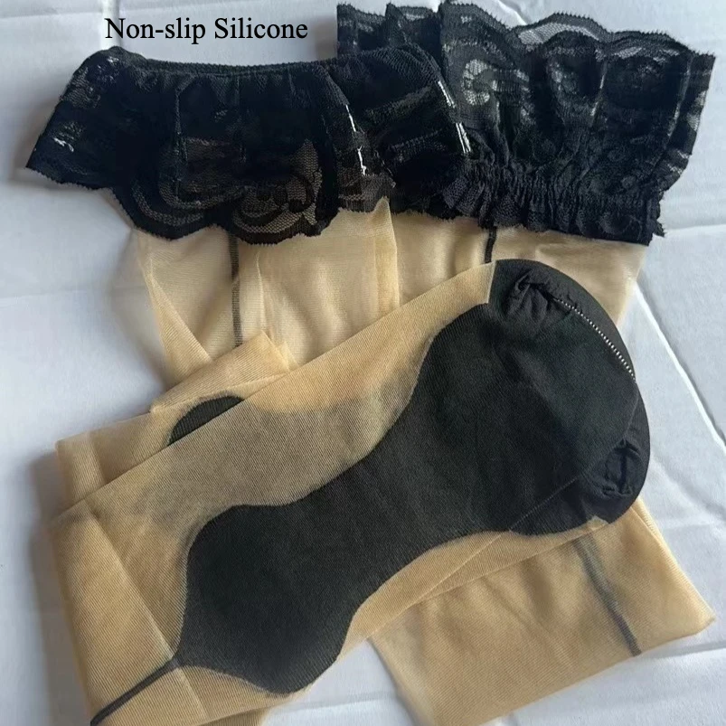 

medias Erotic Thigh High Stockings Black Lace Retro Cube Line Beige Sheer Stockings Women Sexy Non-slip Silicone Stay Up Hosiery