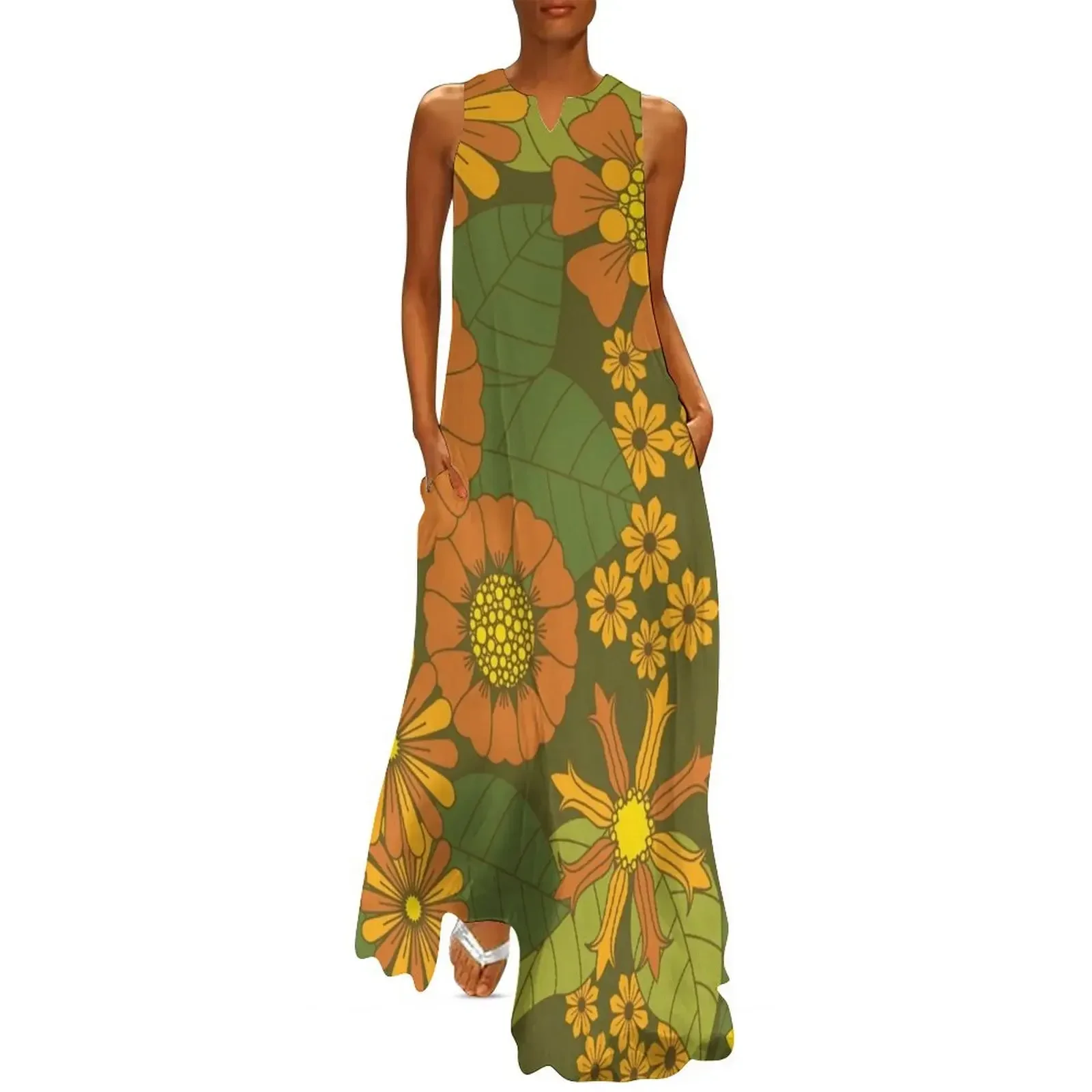 

Orange, Brown, Yellow and Green Retro Daisy Pattern Long Dress long dress women summer Clothing summer dress korean women