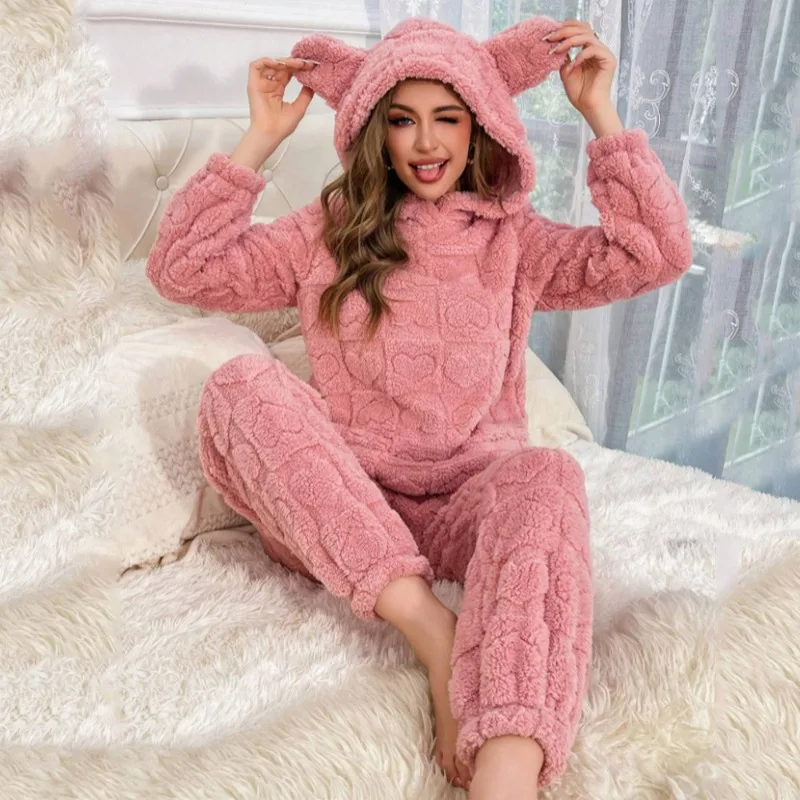 Cute Pink Hooded Women's Pajamas Square Love Jacquard Comfortable Cotton Lint Lounge Set Featuring Adorable Ear Design XL Size