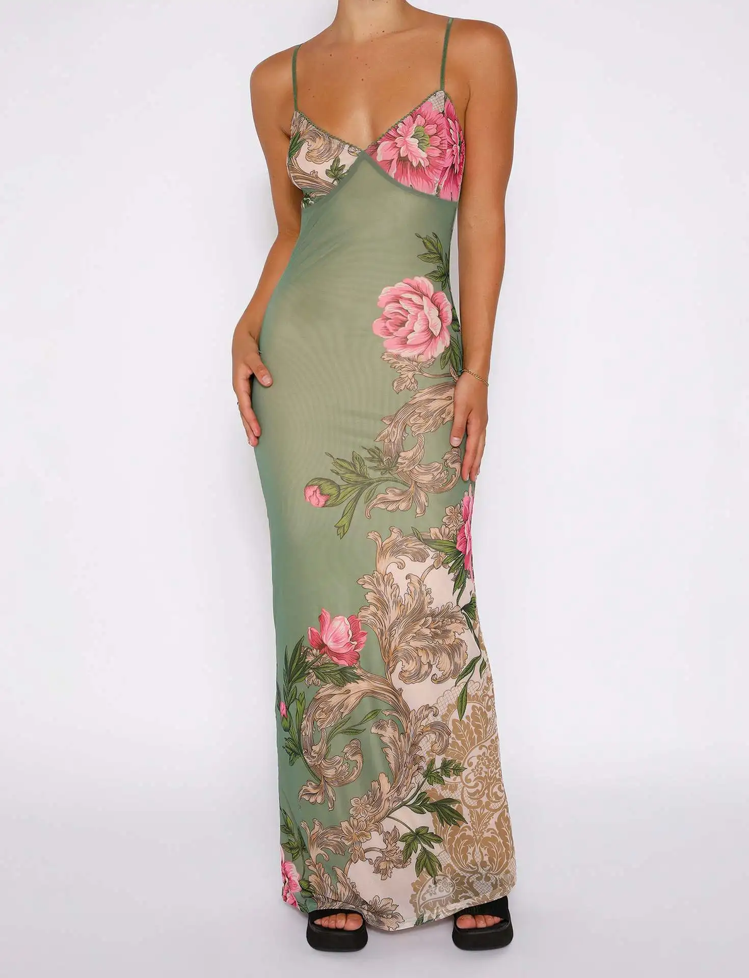 Robe maxi élégante rétro à col en V imprimée