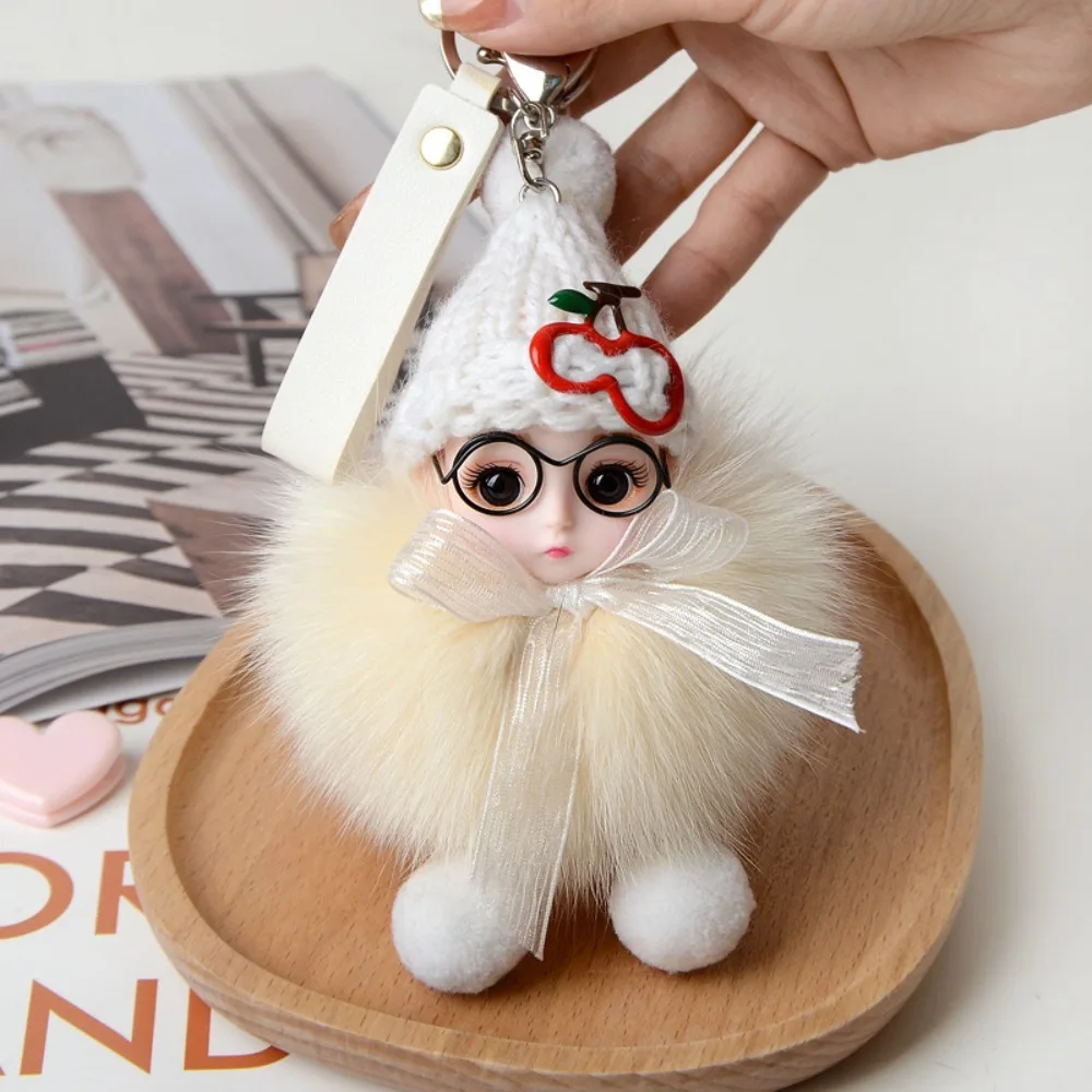 Eye Glass Doll Cute Pompom Keychain Real Fur Ball Plush Pompom Doll Keyring Car Key Ring Fluffy Baby Doll Ball Key Chain