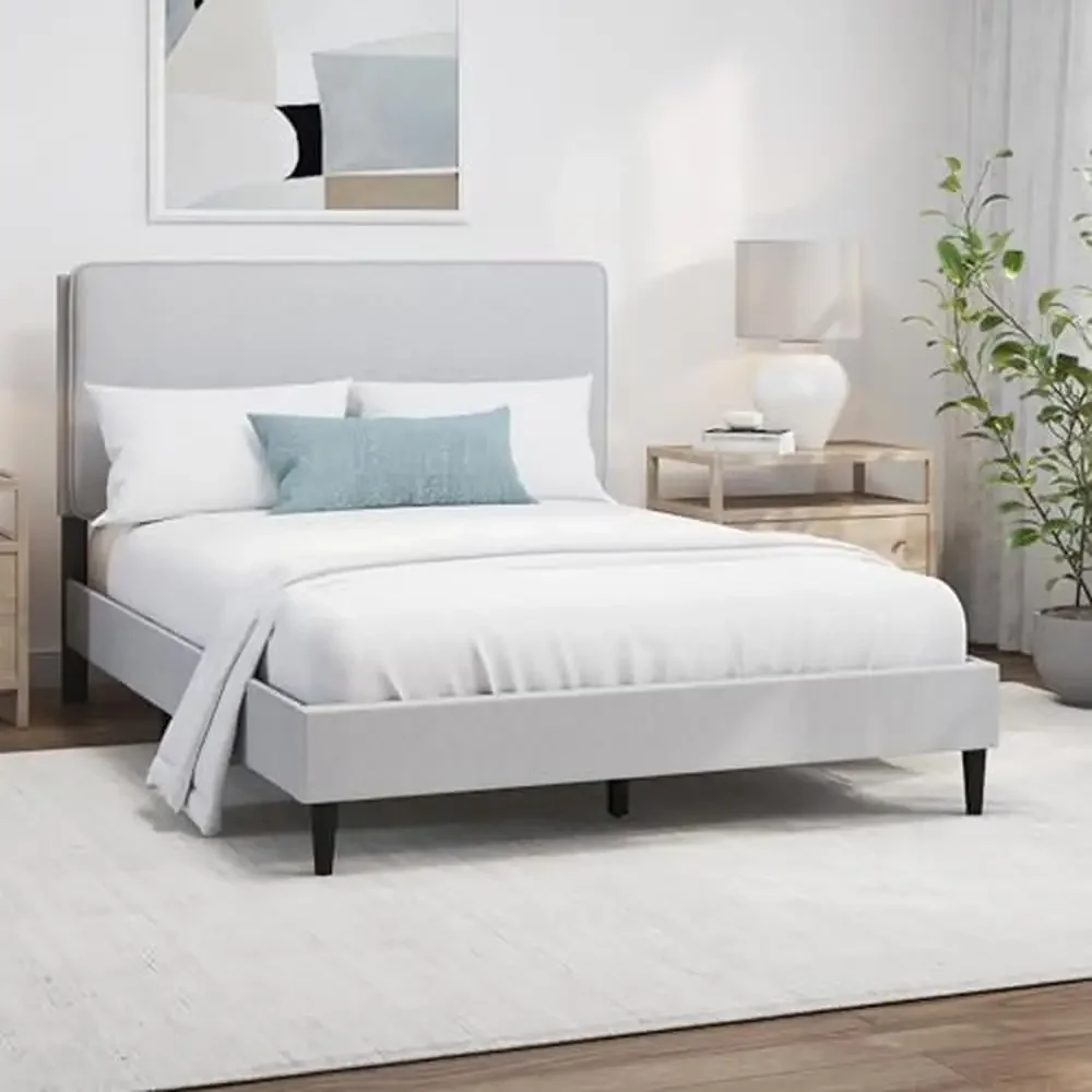 Modern Upholstered Queen Bed Light Gray Wooden Construction Pillow Headboard