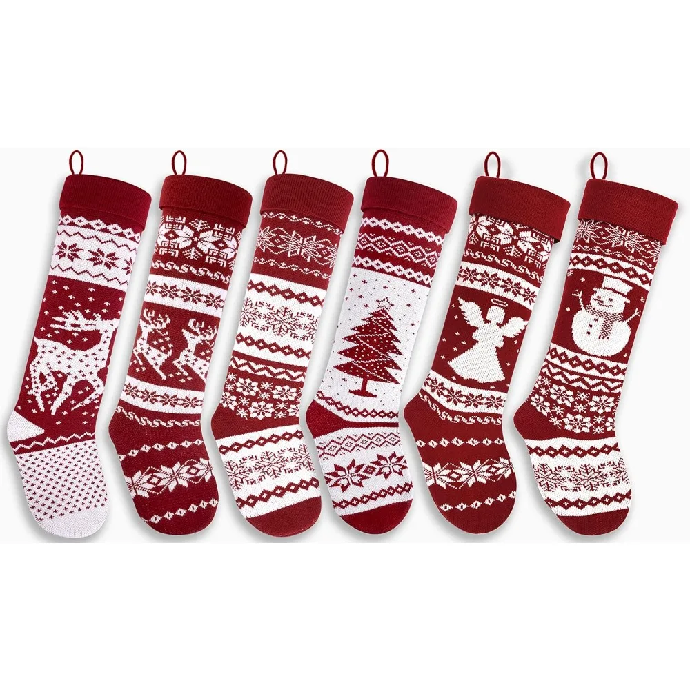 

26-Inch Large Nordic Style Knitted Christmas Stockings in Burgundy/White for Stuffers & Mantel, Wall