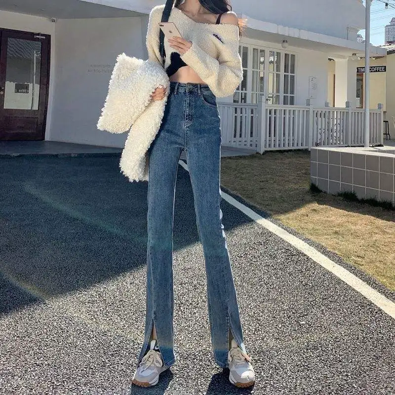 

Retro High Waist Wide Leg Jeans Women's Split Flared Pants Autumn 202 Slimming Drapey Floor-Length Bell Bot