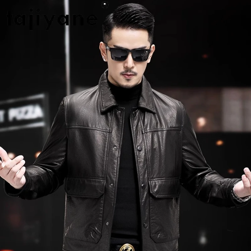 

Tcyeek COW LEATHER Men's Collar Jacket Short Style Oil Wax Cowhide Workwear Single Casual Motorcycle Slim Fit Leather Jacket
