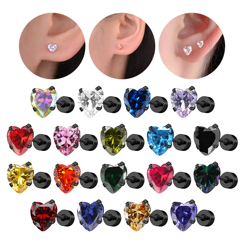 16 Farben, Herzanhänger mit Zirkonia, Edelstahl, schwarze Ohrringe, minimalistische Ohrstecker, luxuriöser Schmuck, Damen, Nadelohrstecker, 0,8 x 11 mm. – Detail 1