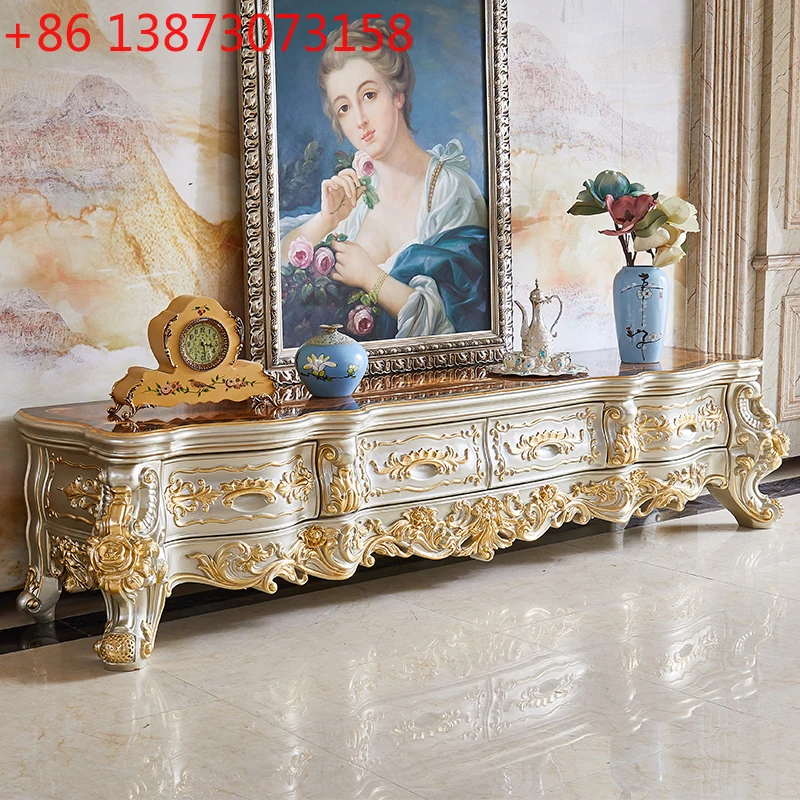 Mueble de TV europeo, mesa de centro combinada de madera maciza tallada con flores, villa de palacio de lujo de alta gama, gran apartamento, sala de estar